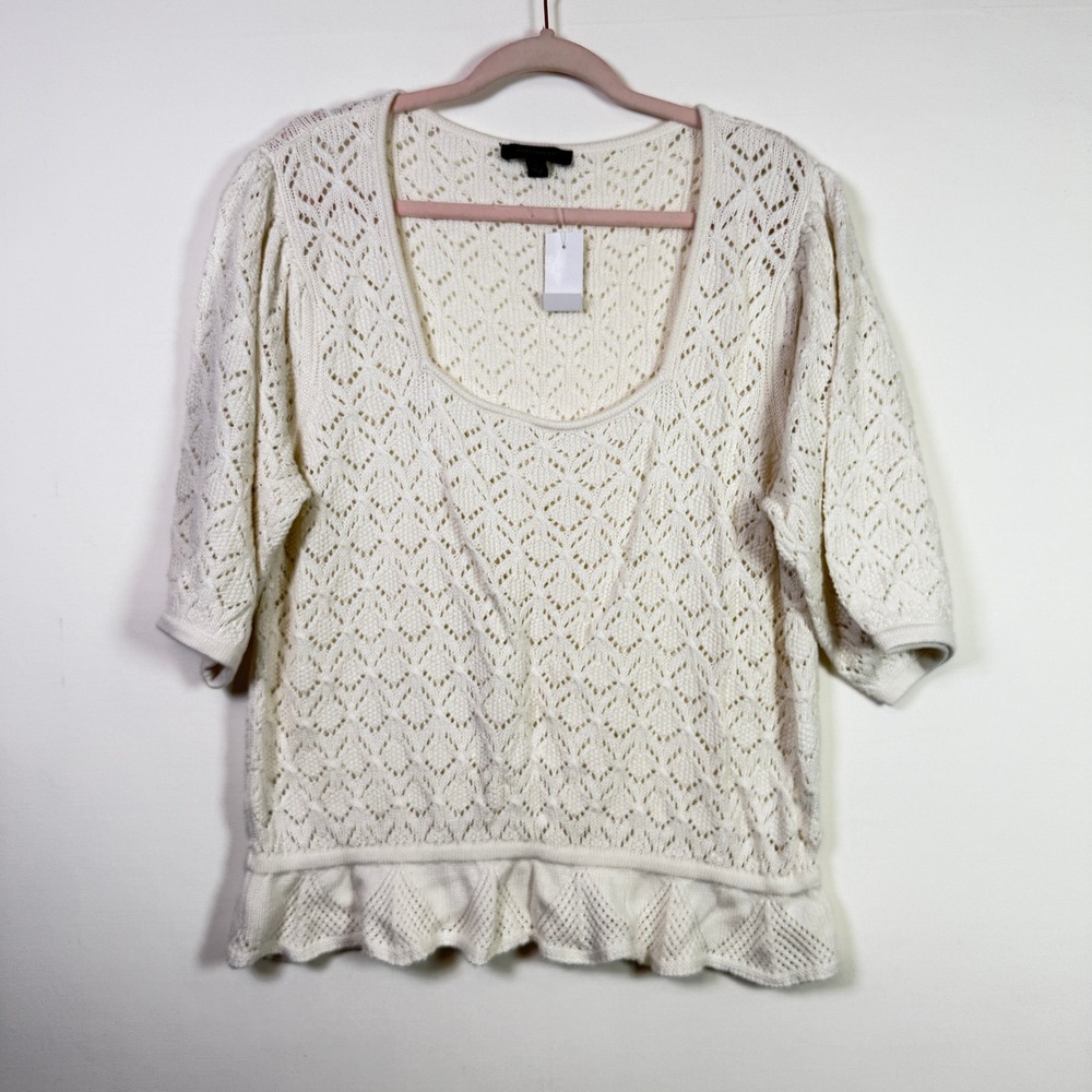 ANN‎ TAYLOR Ivory Pointelle Ruffle Hem Scoop Neck Short Sleeve Sweater XL NWT